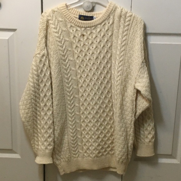 Vintage Sweaters - Vintage VTG Pure Merino Wool Cable Knit Irish Sweater Chunky White Woolmark S